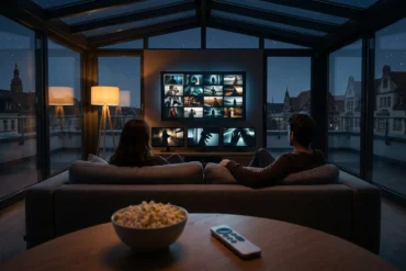 Ein modernes Wohnzimmer am Abend mit genau 2 Personen auf einem Sofa, die entspannt durch einen Streaming-Katalog auf einem großen Fernseher wählen, natürliches warmes Licht von einer Stehlampe und dezente Blautöne vom Bildschirm, realistische Stoff-, Holz- und Hauttexturen. Im Vordergrund liegen Popcorn und eine Fernbedienung auf einem Couchtisch, die Szene wirkt ruhig, hochwertig und fotorealistisch, mit klarer Komposition und ohne sichtbare Schrift oder Symbole, no text