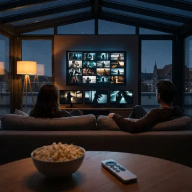 Ein modernes Wohnzimmer am Abend mit genau 2 Personen auf einem Sofa, die entspannt durch einen Streaming-Katalog auf einem großen Fernseher wählen, natürliches warmes Licht von einer Stehlampe und dezente Blautöne vom Bildschirm, realistische Stoff-, Holz- und Hauttexturen. Im Vordergrund liegen Popcorn und eine Fernbedienung auf einem Couchtisch, die Szene wirkt ruhig, hochwertig und fotorealistisch, mit klarer Komposition und ohne sichtbare Schrift oder Symbole, no text