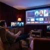 Fotorealistisches Wohnzimmer bei natürlichem Abendlicht, eine einzelne Person sitzt entspannt auf einem Sofa mit Fernbedienung in der Hand, auf dem Fernseher ist eine Streaming-Oberfläche mit deutlich erkennbaren Serien-Kacheln ohne lesbaren Text zu sehen. Warme, natürliche Farben, realistische Stoff- und Holztexturen, gemütliche Stimmung, dezente Tiefenschärfe, moderne Einrichtung, cineastische aber glaubwürdige Lichtstimmung, kein geschriebener Inhalt im Bild.