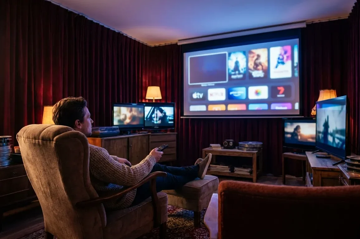 Fotorealistisches Wohnzimmer bei natürlichem Abendlicht, eine einzelne Person sitzt entspannt auf einem Sofa mit Fernbedienung in der Hand, auf dem Fernseher ist eine Streaming-Oberfläche mit deutlich erkennbaren Serien-Kacheln ohne lesbaren Text zu sehen. Warme, natürliche Farben, realistische Stoff- und Holztexturen, gemütliche Stimmung, dezente Tiefenschärfe, moderne Einrichtung, cineastische aber glaubwürdige Lichtstimmung, kein geschriebener Inhalt im Bild.