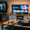 Fotorealistische Szene in einem modernen Wohnzimmer bei natürlichem Abendlicht: 2 Personen sitzen entspannt auf einem Sofa, vor ihnen ein großer Fernseher mit unscharfer Streaming-Oberfläche ohne lesbare Texte, dazu ein Couchtisch mit Fernbedienung, Popcorn und sanften Lichtreflexen auf realistischen Stoff- und Holztexturen. Warme, filmische Farbstimmung in Blau- und Bernsteintönen, klare Tiefenschärfe, authentische Alltagsatmosphäre, dezente Hinweise auf Serien- und Filmabend, keine Schrift, keine Zahlen, keine Logos.