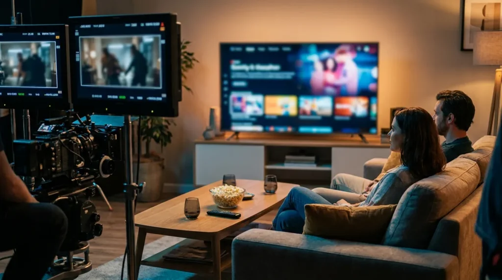 Fotorealistische Szene in einem modernen Wohnzimmer bei natürlichem Abendlicht: 2 Personen sitzen entspannt auf einem Sofa, vor ihnen ein großer Fernseher mit unscharfer Streaming-Oberfläche ohne lesbare Texte, dazu ein Couchtisch mit Fernbedienung, Popcorn und sanften Lichtreflexen auf realistischen Stoff- und Holztexturen. Warme, filmische Farbstimmung in Blau- und Bernsteintönen, klare Tiefenschärfe, authentische Alltagsatmosphäre, dezente Hinweise auf Serien- und Filmabend, keine Schrift, keine Zahlen, keine Logos.