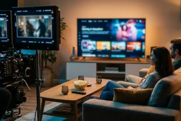 Fotorealistische Szene in einem modernen Wohnzimmer bei natürlichem Abendlicht: 2 Personen sitzen entspannt auf einem Sofa, vor ihnen ein großer Fernseher mit unscharfer Streaming-Oberfläche ohne lesbare Texte, dazu ein Couchtisch mit Fernbedienung, Popcorn und sanften Lichtreflexen auf realistischen Stoff- und Holztexturen. Warme, filmische Farbstimmung in Blau- und Bernsteintönen, klare Tiefenschärfe, authentische Alltagsatmosphäre, dezente Hinweise auf Serien- und Filmabend, keine Schrift, keine Zahlen, keine Logos.