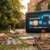 Ein stimmungsvolles Open Air Kino in einer deutschen Stadt an einem warmen Sommerabend, 5 Personen sitzen auf Liegestühlen und Decken vor einer großen Leinwand in einem begrünten Innenhof, sanftes natürliches Abendlicht, realistische Hauttöne, Stoffe, Holzoberflächen und Pflanzenstrukturen. Die Komposition ist einladend und klar, mit warmen Blau- und Goldtönen, entspannter Atmosphäre, cineastischer Tiefe und feinen realistischen Texturen, no text.