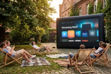 Ein stimmungsvolles Open Air Kino in einer deutschen Stadt an einem warmen Sommerabend, 5 Personen sitzen auf Liegestühlen und Decken vor einer großen Leinwand in einem begrünten Innenhof, sanftes natürliches Abendlicht, realistische Hauttöne, Stoffe, Holzoberflächen und Pflanzenstrukturen. Die Komposition ist einladend und klar, mit warmen Blau- und Goldtönen, entspannter Atmosphäre, cineastischer Tiefe und feinen realistischen Texturen, no text.