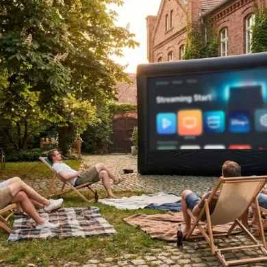 Ein stimmungsvolles Open Air Kino in einer deutschen Stadt an einem warmen Sommerabend, 5 Personen sitzen auf Liegestühlen und Decken vor einer großen Leinwand in einem begrünten Innenhof, sanftes natürliches Abendlicht, realistische Hauttöne, Stoffe, Holzoberflächen und Pflanzenstrukturen. Die Komposition ist einladend und klar, mit warmen Blau- und Goldtönen, entspannter Atmosphäre, cineastischer Tiefe und feinen realistischen Texturen, no text.