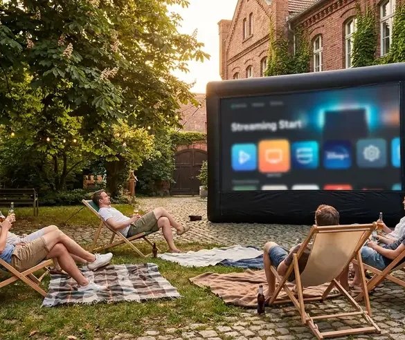Ein stimmungsvolles Open Air Kino in einer deutschen Stadt an einem warmen Sommerabend, 5 Personen sitzen auf Liegestühlen und Decken vor einer großen Leinwand in einem begrünten Innenhof, sanftes natürliches Abendlicht, realistische Hauttöne, Stoffe, Holzoberflächen und Pflanzenstrukturen. Die Komposition ist einladend und klar, mit warmen Blau- und Goldtönen, entspannter Atmosphäre, cineastischer Tiefe und feinen realistischen Texturen, no text.