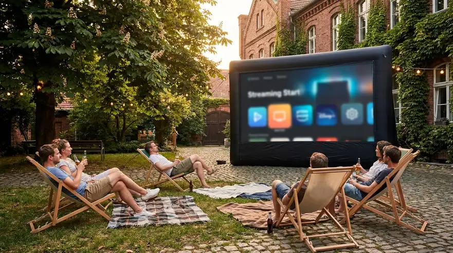 Ein stimmungsvolles Open Air Kino in einer deutschen Stadt an einem warmen Sommerabend, 5 Personen sitzen auf Liegestühlen und Decken vor einer großen Leinwand in einem begrünten Innenhof, sanftes natürliches Abendlicht, realistische Hauttöne, Stoffe, Holzoberflächen und Pflanzenstrukturen. Die Komposition ist einladend und klar, mit warmen Blau- und Goldtönen, entspannter Atmosphäre, cineastischer Tiefe und feinen realistischen Texturen, no text.