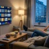 Ein fotorealistisches Wohnzimmer am Abend mit genau 2 Personen auf einem Sofa, die entspannt einen Filmabend planen, im Vordergrund eine Fernbedienung, Snacks und ein moderner Fernseher mit farbintensivem, aber schriftfreiem Film-Menü aus abstrakten Vorschaubildern ohne Logos oder Text. Natürliches warmes Licht aus einer Stehlampe und sanftes Restlicht von einem Fenster, realistische Stoff- und Holztexturen, cineastische Stimmung, ausgewogene Komposition in modernen Blau-, Gold- und Grautönen, klarer Fokus auf Streaming-Atmosphäre und Filmauswahl ohne jegliche Schrift im Bild.