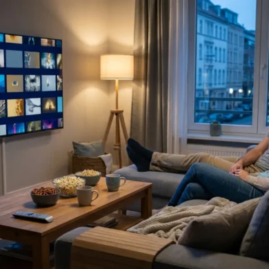 Ein fotorealistisches Wohnzimmer am Abend mit genau 2 Personen auf einem Sofa, die entspannt einen Filmabend planen, im Vordergrund eine Fernbedienung, Snacks und ein moderner Fernseher mit farbintensivem, aber schriftfreiem Film-Menü aus abstrakten Vorschaubildern ohne Logos oder Text. Natürliches warmes Licht aus einer Stehlampe und sanftes Restlicht von einem Fenster, realistische Stoff- und Holztexturen, cineastische Stimmung, ausgewogene Komposition in modernen Blau-, Gold- und Grautönen, klarer Fokus auf Streaming-Atmosphäre und Filmauswahl ohne jegliche Schrift im Bild.