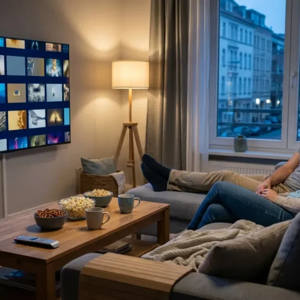 Ein fotorealistisches Wohnzimmer am Abend mit genau 2 Personen auf einem Sofa, die entspannt einen Filmabend planen, im Vordergrund eine Fernbedienung, Snacks und ein moderner Fernseher mit farbintensivem, aber schriftfreiem Film-Menü aus abstrakten Vorschaubildern ohne Logos oder Text. Natürliches warmes Licht aus einer Stehlampe und sanftes Restlicht von einem Fenster, realistische Stoff- und Holztexturen, cineastische Stimmung, ausgewogene Komposition in modernen Blau-, Gold- und Grautönen, klarer Fokus auf Streaming-Atmosphäre und Filmauswahl ohne jegliche Schrift im Bild.