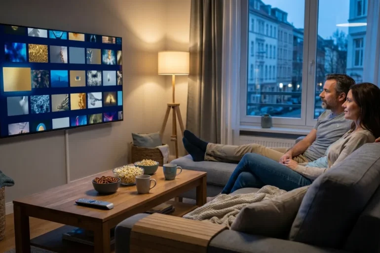 Ein fotorealistisches Wohnzimmer am Abend mit genau 2 Personen auf einem Sofa, die entspannt einen Filmabend planen, im Vordergrund eine Fernbedienung, Snacks und ein moderner Fernseher mit farbintensivem, aber schriftfreiem Film-Menü aus abstrakten Vorschaubildern ohne Logos oder Text. Natürliches warmes Licht aus einer Stehlampe und sanftes Restlicht von einem Fenster, realistische Stoff- und Holztexturen, cineastische Stimmung, ausgewogene Komposition in modernen Blau-, Gold- und Grautönen, klarer Fokus auf Streaming-Atmosphäre und Filmauswahl ohne jegliche Schrift im Bild.