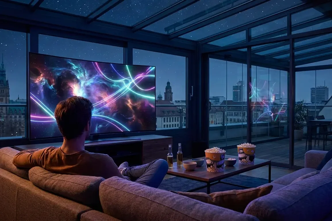 Fotorealistische Szene eines modernen Wohnzimmers bei natürlichem Abendlicht, eine einzelne Person sitzt entspannt auf einem Sofa und schaut auf einen großen Fernseher mit abstrakten futuristischen Weltraumfarben, Neonreflexen und galaktischer Atmosphäre auf dem Bildschirm, ohne sichtbaren Text oder Symbole. Realistische Texturen bei Stoffen, Glas und Metall, dezente blaue und violette Farbakzente, cineastische Stimmung, hochwertige Komposition mit Fokus auf Streaming- und Science-Fiction-Gefühl, glaubwürdige Alltagsszene mit warmer, natürlicher Lichtführung.