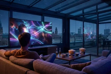 Fotorealistische Szene eines modernen Wohnzimmers bei natürlichem Abendlicht, eine einzelne Person sitzt entspannt auf einem Sofa und schaut auf einen großen Fernseher mit abstrakten futuristischen Weltraumfarben, Neonreflexen und galaktischer Atmosphäre auf dem Bildschirm, ohne sichtbaren Text oder Symbole. Realistische Texturen bei Stoffen, Glas und Metall, dezente blaue und violette Farbakzente, cineastische Stimmung, hochwertige Komposition mit Fokus auf Streaming- und Science-Fiction-Gefühl, glaubwürdige Alltagsszene mit warmer, natürlicher Lichtführung.