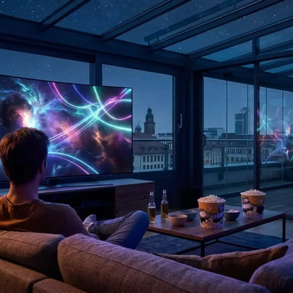 Fotorealistische Szene eines modernen Wohnzimmers bei natürlichem Abendlicht, eine einzelne Person sitzt entspannt auf einem Sofa und schaut auf einen großen Fernseher mit abstrakten futuristischen Weltraumfarben, Neonreflexen und galaktischer Atmosphäre auf dem Bildschirm, ohne sichtbaren Text oder Symbole. Realistische Texturen bei Stoffen, Glas und Metall, dezente blaue und violette Farbakzente, cineastische Stimmung, hochwertige Komposition mit Fokus auf Streaming- und Science-Fiction-Gefühl, glaubwürdige Alltagsszene mit warmer, natürlicher Lichtführung.
