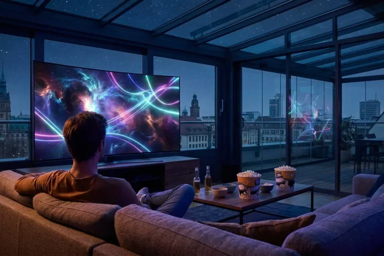 Fotorealistische Szene eines modernen Wohnzimmers bei natürlichem Abendlicht, eine einzelne Person sitzt entspannt auf einem Sofa und schaut auf einen großen Fernseher mit abstrakten futuristischen Weltraumfarben, Neonreflexen und galaktischer Atmosphäre auf dem Bildschirm, ohne sichtbaren Text oder Symbole. Realistische Texturen bei Stoffen, Glas und Metall, dezente blaue und violette Farbakzente, cineastische Stimmung, hochwertige Komposition mit Fokus auf Streaming- und Science-Fiction-Gefühl, glaubwürdige Alltagsszene mit warmer, natürlicher Lichtführung.