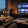 Fotorealistische Szene in einem modernen Wohnzimmer bei natürlichem Abendlicht: eine einzelne Person sitzt entspannt auf einem Sofa, hält eine Fernbedienung in der Hand und blickt auf einen großen Fernseher mit neutralen, abstrakten Streaming-Kacheln ohne Text, daneben liegen Laptop und Tablet auf einem Couchtisch. Warme Lichtstimmung, realistische Stoff- und Holztexturen, dezente Blautöne vom Bildschirm, cineastische Tiefe, aufgeräumte Komposition, hochwertige Alltagsatmosphäre passend zu Serien-Neuheiten und Streaming-Kalender.