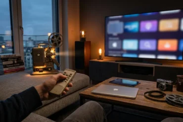 Fotorealistische Szene in einem modernen Wohnzimmer bei natürlichem Abendlicht: eine einzelne Person sitzt entspannt auf einem Sofa, hält eine Fernbedienung in der Hand und blickt auf einen großen Fernseher mit neutralen, abstrakten Streaming-Kacheln ohne Text, daneben liegen Laptop und Tablet auf einem Couchtisch. Warme Lichtstimmung, realistische Stoff- und Holztexturen, dezente Blautöne vom Bildschirm, cineastische Tiefe, aufgeräumte Komposition, hochwertige Alltagsatmosphäre passend zu Serien-Neuheiten und Streaming-Kalender.