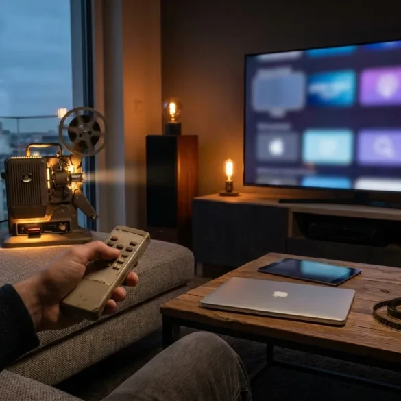 Fotorealistische Szene in einem modernen Wohnzimmer bei natürlichem Abendlicht: eine einzelne Person sitzt entspannt auf einem Sofa, hält eine Fernbedienung in der Hand und blickt auf einen großen Fernseher mit neutralen, abstrakten Streaming-Kacheln ohne Text, daneben liegen Laptop und Tablet auf einem Couchtisch. Warme Lichtstimmung, realistische Stoff- und Holztexturen, dezente Blautöne vom Bildschirm, cineastische Tiefe, aufgeräumte Komposition, hochwertige Alltagsatmosphäre passend zu Serien-Neuheiten und Streaming-Kalender.