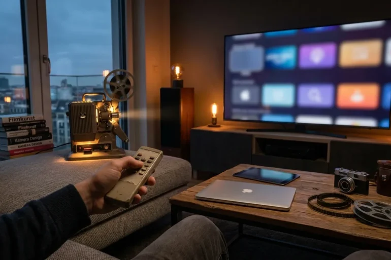 Fotorealistische Szene in einem modernen Wohnzimmer bei natürlichem Abendlicht: eine einzelne Person sitzt entspannt auf einem Sofa, hält eine Fernbedienung in der Hand und blickt auf einen großen Fernseher mit neutralen, abstrakten Streaming-Kacheln ohne Text, daneben liegen Laptop und Tablet auf einem Couchtisch. Warme Lichtstimmung, realistische Stoff- und Holztexturen, dezente Blautöne vom Bildschirm, cineastische Tiefe, aufgeräumte Komposition, hochwertige Alltagsatmosphäre passend zu Serien-Neuheiten und Streaming-Kalender.