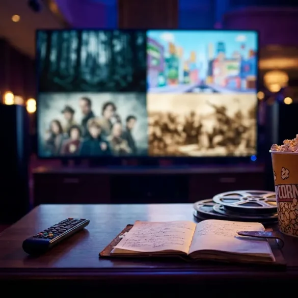 Fotorealistische Hero-Szene für einen Serienvergleich: modernes Wohnzimmer bei natürlicher Beleuchtung, auf einem Couchtisch liegen Fernbedienung, Notizbuch mit Watchlist und mehrere Streaming-Oberflächen auf einem großen Fernseher angedeutet, vier klar unterscheidbare Content-Bereiche nebeneinander ohne Logos oder Text im Bild, hochwertige realistische Texturen, warme wohnliche Atmosphäre, cineastische Tiefenschärfe