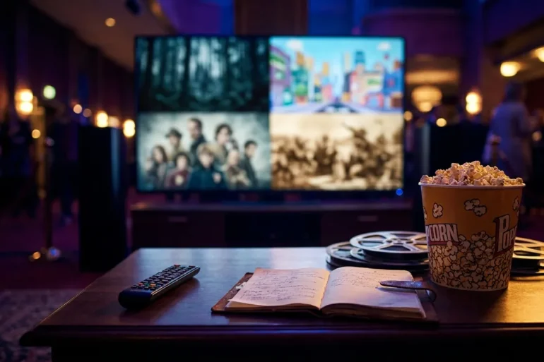 Fotorealistische Hero-Szene für einen Serienvergleich: modernes Wohnzimmer bei natürlicher Beleuchtung, auf einem Couchtisch liegen Fernbedienung, Notizbuch mit Watchlist und mehrere Streaming-Oberflächen auf einem großen Fernseher angedeutet, vier klar unterscheidbare Content-Bereiche nebeneinander ohne Logos oder Text im Bild, hochwertige realistische Texturen, warme wohnliche Atmosphäre, cineastische Tiefenschärfe