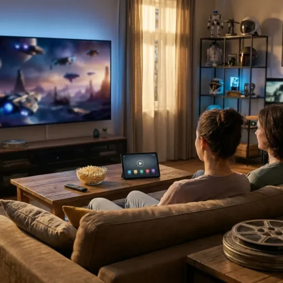 Fotorealistische Szene in einem gemütlichen Wohnzimmer bei natürlichem Abendlicht: 2 Personen sitzen vor einem großen Fernseher mit einer klar erkennbaren Science-Fiction-Filmoberfläche ohne lesbaren Text, auf dem Tisch liegen Fernbedienung, Popcorn und ein Tablet als Streaming-Hinweis, dazu warme Lichtstimmung, realistische Stoffe, Holztexturen und dezente blaue Akzente. Im Hintergrund eine stilvolle Sammlung von Filmobjekten mit galaktischer Anmutung, moderne Einrichtung, natürliche Schatten, hohe Detailtiefe, cineastische Komposition, keine Schrift, keine Zahlen, keine Logos.
