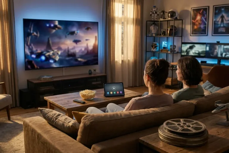Fotorealistische Szene in einem gemütlichen Wohnzimmer bei natürlichem Abendlicht: 2 Personen sitzen vor einem großen Fernseher mit einer klar erkennbaren Science-Fiction-Filmoberfläche ohne lesbaren Text, auf dem Tisch liegen Fernbedienung, Popcorn und ein Tablet als Streaming-Hinweis, dazu warme Lichtstimmung, realistische Stoffe, Holztexturen und dezente blaue Akzente. Im Hintergrund eine stilvolle Sammlung von Filmobjekten mit galaktischer Anmutung, moderne Einrichtung, natürliche Schatten, hohe Detailtiefe, cineastische Komposition, keine Schrift, keine Zahlen, keine Logos.