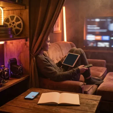 Fotorealistische Szene in einem modernen Wohnzimmer bei natürlichem Abendlicht: eine einzelne Person sitzt entspannt auf einem Sofa mit Tablet und Fernbedienung, auf dem Couchtisch liegen Notizbuch und Smartphone mit geöffnetem Kalender, im Hintergrund ein großer Fernseher mit unscharfer Streaming-Oberfläche ohne lesbaren Text. Warme, realistische Farben, weiche Schatten, natürliche Texturen bei Stoff, Holz und Glas, aufgeräumte Komposition mit Fokus auf Planung, Unterhaltung und entspannte Entscheidungsfindung.