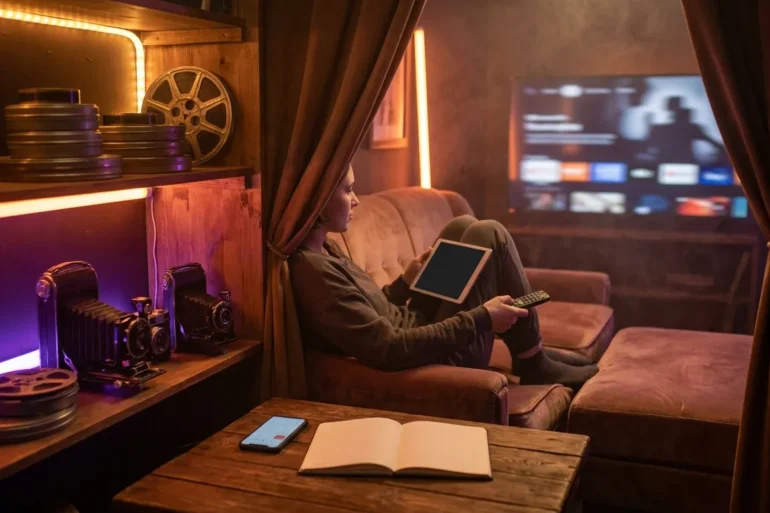 Fotorealistische Szene in einem modernen Wohnzimmer bei natürlichem Abendlicht: eine einzelne Person sitzt entspannt auf einem Sofa mit Tablet und Fernbedienung, auf dem Couchtisch liegen Notizbuch und Smartphone mit geöffnetem Kalender, im Hintergrund ein großer Fernseher mit unscharfer Streaming-Oberfläche ohne lesbaren Text. Warme, realistische Farben, weiche Schatten, natürliche Texturen bei Stoff, Holz und Glas, aufgeräumte Komposition mit Fokus auf Planung, Unterhaltung und entspannte Entscheidungsfindung.