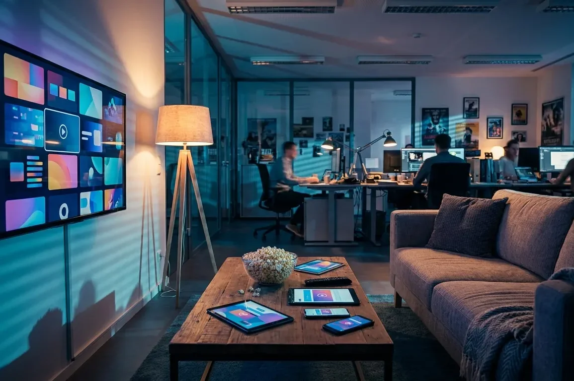 Fotorealistische Hero-Szene eines modernen Wohnzimmers am Abend mit Fernseher, Fernbedienung, Streaming-Oberflächen als abstrahierte bunte Kacheln auf dem Bildschirm, Popcorn auf dem Couchtisch, dezente Werbeeinblendungen als grafische Elemente auf separaten Tablets und Smartphones, natürliche Beleuchtung durch warme Stehlampe und Bildschirmlicht, realistische Texturen von Stoffsofa, Holzoberflächen und Glas, aufgeräumte hochwertige Vergleichsatmosphäre, kein Text im Bild