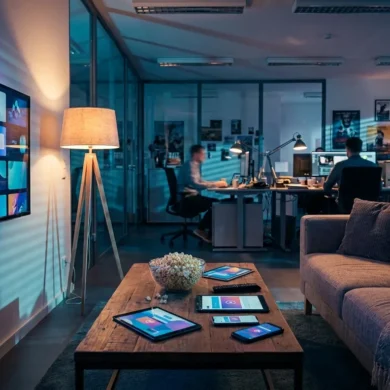 Fotorealistische Hero-Szene eines modernen Wohnzimmers am Abend mit Fernseher, Fernbedienung, Streaming-Oberflächen als abstrahierte bunte Kacheln auf dem Bildschirm, Popcorn auf dem Couchtisch, dezente Werbeeinblendungen als grafische Elemente auf separaten Tablets und Smartphones, natürliche Beleuchtung durch warme Stehlampe und Bildschirmlicht, realistische Texturen von Stoffsofa, Holzoberflächen und Glas, aufgeräumte hochwertige Vergleichsatmosphäre, kein Text im Bild