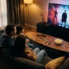 Eine fotorealistische Szene mit 3 Personen in einem modernen Wohnzimmer bei natürlichem Abendlicht, vor einem großen Fernseher mit unscharfen, generischen Superhelden-Silhouetten und farbigen Lichtreflexen in Rot, Blau und Gold, dazu verstreute Filmkarten, Fernbedienung und Popcorn auf einem Couchtisch mit realistischen Texturen aus Holz, Stoff und Glas. Die Stimmung ist gespannt und begeistert, die Komposition wirkt hochwertig und redaktionell, mit klarer Tiefenschärfe, natürlicher Hautstruktur, weichen Schatten und ohne sichtbaren Text, ohne Logos und ohne geschriebenen Inhalt im Bild.
