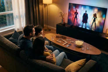 Eine fotorealistische Szene mit 3 Personen in einem modernen Wohnzimmer bei natürlichem Abendlicht, vor einem großen Fernseher mit unscharfen, generischen Superhelden-Silhouetten und farbigen Lichtreflexen in Rot, Blau und Gold, dazu verstreute Filmkarten, Fernbedienung und Popcorn auf einem Couchtisch mit realistischen Texturen aus Holz, Stoff und Glas. Die Stimmung ist gespannt und begeistert, die Komposition wirkt hochwertig und redaktionell, mit klarer Tiefenschärfe, natürlicher Hautstruktur, weichen Schatten und ohne sichtbaren Text, ohne Logos und ohne geschriebenen Inhalt im Bild.