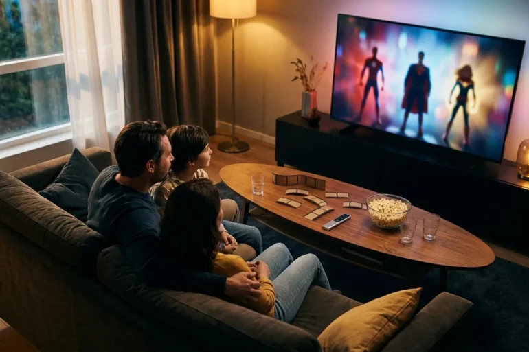 Eine fotorealistische Szene mit 3 Personen in einem modernen Wohnzimmer bei natürlichem Abendlicht, vor einem großen Fernseher mit unscharfen, generischen Superhelden-Silhouetten und farbigen Lichtreflexen in Rot, Blau und Gold, dazu verstreute Filmkarten, Fernbedienung und Popcorn auf einem Couchtisch mit realistischen Texturen aus Holz, Stoff und Glas. Die Stimmung ist gespannt und begeistert, die Komposition wirkt hochwertig und redaktionell, mit klarer Tiefenschärfe, natürlicher Hautstruktur, weichen Schatten und ohne sichtbaren Text, ohne Logos und ohne geschriebenen Inhalt im Bild.