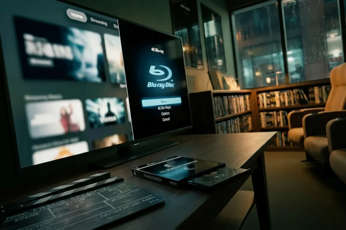 Professionelles Vergleichs-Hero-Bild mit einer 4K Blu-ray-Hülle und einem modernen Streaming-Interface auf einem großen Fernseher nebeneinander, gemütliches Heimkino-Setup, dezente Regale mit Filmen im Hintergrund, natürliche Beleuchtung, realistische Texturen von Kunststoff, Papier und Bildschirmoberflächen, fotorealistische Fotografie, kein Text im Bild