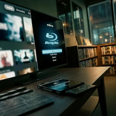 Professionelles Vergleichs-Hero-Bild mit einer 4K Blu-ray-Hülle und einem modernen Streaming-Interface auf einem großen Fernseher nebeneinander, gemütliches Heimkino-Setup, dezente Regale mit Filmen im Hintergrund, natürliche Beleuchtung, realistische Texturen von Kunststoff, Papier und Bildschirmoberflächen, fotorealistische Fotografie, kein Text im Bild