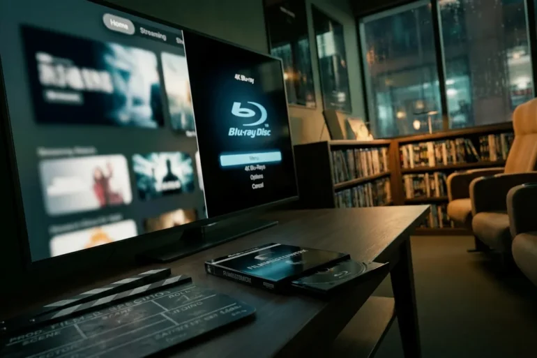 Professionelles Vergleichs-Hero-Bild mit einer 4K Blu-ray-Hülle und einem modernen Streaming-Interface auf einem großen Fernseher nebeneinander, gemütliches Heimkino-Setup, dezente Regale mit Filmen im Hintergrund, natürliche Beleuchtung, realistische Texturen von Kunststoff, Papier und Bildschirmoberflächen, fotorealistische Fotografie, kein Text im Bild