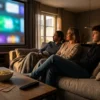Fotorealistische Szene in natürlichem Licht: ein modernes Wohnzimmer am frühen Abend mit genau 3 Personen auf einem Sofa, eine Streaming-Oberfläche auf dem Fernseher nur als unscharfe farbige Flächen ohne lesbaren Text, daneben auf einem Couchtisch Kinotickets, Fernbedienung und Popcorn als Hinweis auf Kino und Stream. Warme neutrale Farbtöne, realistische Haut- und Stofftexturen, feine Lichtreflexe auf Glas und Bildschirm, ruhige vertrauenswürdige Stimmung, klare Komposition mit Fokus auf gemeinsame Filmauswahl und verantwortungsbewussten Jugendschutz, ohne Worte, Buchstaben oder Zahlen im Bild.