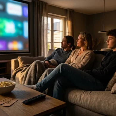 Fotorealistische Szene in natürlichem Licht: ein modernes Wohnzimmer am frühen Abend mit genau 3 Personen auf einem Sofa, eine Streaming-Oberfläche auf dem Fernseher nur als unscharfe farbige Flächen ohne lesbaren Text, daneben auf einem Couchtisch Kinotickets, Fernbedienung und Popcorn als Hinweis auf Kino und Stream. Warme neutrale Farbtöne, realistische Haut- und Stofftexturen, feine Lichtreflexe auf Glas und Bildschirm, ruhige vertrauenswürdige Stimmung, klare Komposition mit Fokus auf gemeinsame Filmauswahl und verantwortungsbewussten Jugendschutz, ohne Worte, Buchstaben oder Zahlen im Bild.