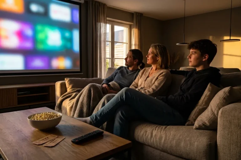Fotorealistische Szene in natürlichem Licht: ein modernes Wohnzimmer am frühen Abend mit genau 3 Personen auf einem Sofa, eine Streaming-Oberfläche auf dem Fernseher nur als unscharfe farbige Flächen ohne lesbaren Text, daneben auf einem Couchtisch Kinotickets, Fernbedienung und Popcorn als Hinweis auf Kino und Stream. Warme neutrale Farbtöne, realistische Haut- und Stofftexturen, feine Lichtreflexe auf Glas und Bildschirm, ruhige vertrauenswürdige Stimmung, klare Komposition mit Fokus auf gemeinsame Filmauswahl und verantwortungsbewussten Jugendschutz, ohne Worte, Buchstaben oder Zahlen im Bild.