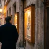 Fotorealistische Szene vor einem stilvollen deutschen Programmkino am frühen Abend, eine einzelne Person steht vor dem Eingangsbereich und betrachtet nachdenklich Filmplakate hinter Glas, warmes natürliches Licht, realistische Texturen von Steinfassade, Holzrahmen und leicht spiegelnden Scheiben, urbane ruhige Atmosphäre. Im Hintergrund weiche Bokeh-Lichter der Straße, dezente cineastische Farbstimmung mit warmen Goldtönen und kühlen Schatten, kein Text, keine Schrift, keine Zahlen im Bild.