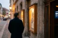 Fotorealistische Szene vor einem stilvollen deutschen Programmkino am frühen Abend, eine einzelne Person steht vor dem Eingangsbereich und betrachtet nachdenklich Filmplakate hinter Glas, warmes natürliches Licht, realistische Texturen von Steinfassade, Holzrahmen und leicht spiegelnden Scheiben, urbane ruhige Atmosphäre. Im Hintergrund weiche Bokeh-Lichter der Straße, dezente cineastische Farbstimmung mit warmen Goldtönen und kühlen Schatten, kein Text, keine Schrift, keine Zahlen im Bild.