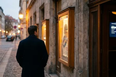 Fotorealistische Szene vor einem stilvollen deutschen Programmkino am frühen Abend, eine einzelne Person steht vor dem Eingangsbereich und betrachtet nachdenklich Filmplakate hinter Glas, warmes natürliches Licht, realistische Texturen von Steinfassade, Holzrahmen und leicht spiegelnden Scheiben, urbane ruhige Atmosphäre. Im Hintergrund weiche Bokeh-Lichter der Straße, dezente cineastische Farbstimmung mit warmen Goldtönen und kühlen Schatten, kein Text, keine Schrift, keine Zahlen im Bild.