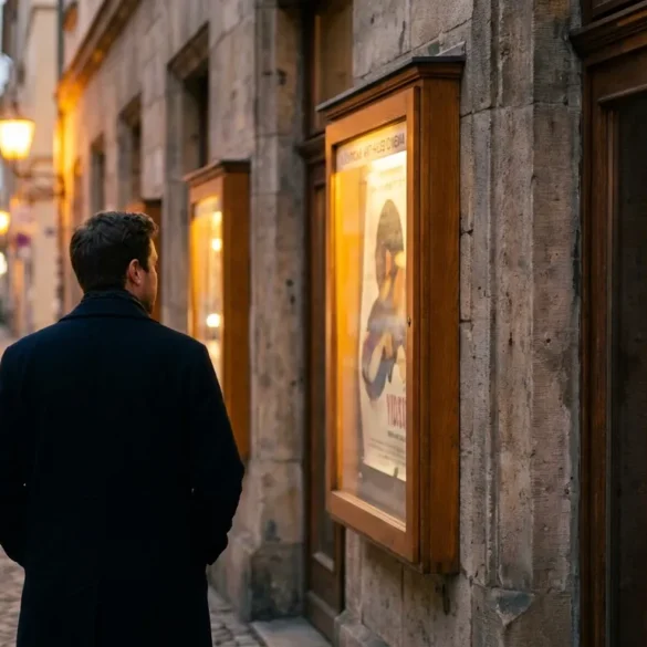 Fotorealistische Szene vor einem stilvollen deutschen Programmkino am frühen Abend, eine einzelne Person steht vor dem Eingangsbereich und betrachtet nachdenklich Filmplakate hinter Glas, warmes natürliches Licht, realistische Texturen von Steinfassade, Holzrahmen und leicht spiegelnden Scheiben, urbane ruhige Atmosphäre. Im Hintergrund weiche Bokeh-Lichter der Straße, dezente cineastische Farbstimmung mit warmen Goldtönen und kühlen Schatten, kein Text, keine Schrift, keine Zahlen im Bild.