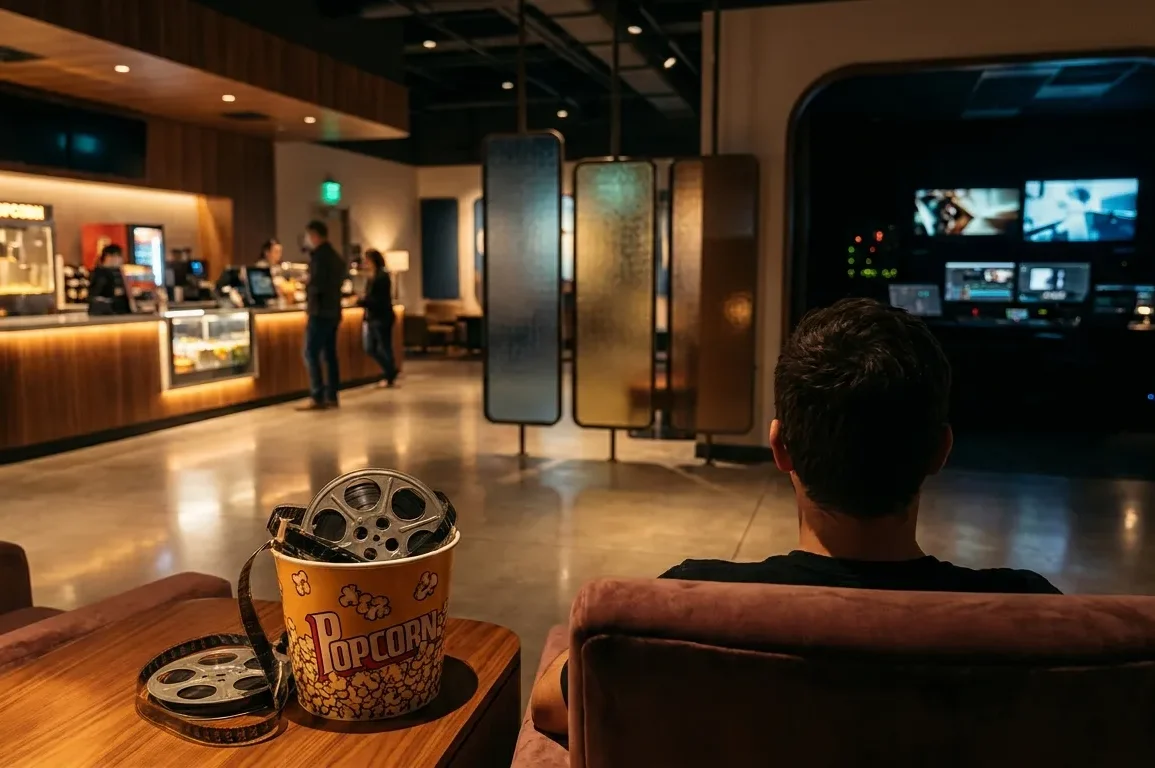 Eine fotorealistische Fotografie mit natürlichem Licht und realistischen Texturen: moderner Kinovorraum mit mehreren klar unterscheidbaren Kinoerlebnis-Bereichen, stilvolle Leuchttafeln, Popcorn-Theke, bequeme Premiumsitze im Vordergrund, urbane Abendstimmung, warme Lichtakzente, glaubwürdige Architektur, hochwertige Materialien, kein Text im Bild