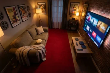 Fotorealistische Hero-Szene für einen Vergleich von Streamingdiensten und Filmreihen: gemütliches Wohnzimmer mit Sofa, Decke, Popcorn, Fernbedienung und großem Fernseher, auf dem verschiedene filmische Welten als neutrale visuelle Kacheln angedeutet sind, mehrere Streaming-Optionen symbolisch nebeneinander dargestellt, modernes aufgeräumtes Design, natürliche Beleuchtung, realistische Texturen, warme Wochenend-Atmosphäre, kein Text im Bild