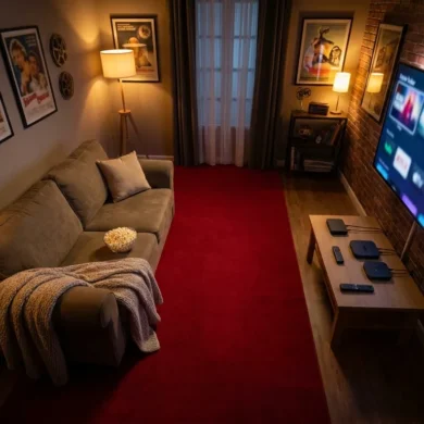 Fotorealistische Hero-Szene für einen Vergleich von Streamingdiensten und Filmreihen: gemütliches Wohnzimmer mit Sofa, Decke, Popcorn, Fernbedienung und großem Fernseher, auf dem verschiedene filmische Welten als neutrale visuelle Kacheln angedeutet sind, mehrere Streaming-Optionen symbolisch nebeneinander dargestellt, modernes aufgeräumtes Design, natürliche Beleuchtung, realistische Texturen, warme Wochenend-Atmosphäre, kein Text im Bild