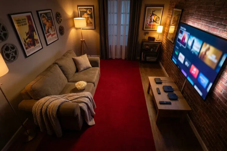 Fotorealistische Hero-Szene für einen Vergleich von Streamingdiensten und Filmreihen: gemütliches Wohnzimmer mit Sofa, Decke, Popcorn, Fernbedienung und großem Fernseher, auf dem verschiedene filmische Welten als neutrale visuelle Kacheln angedeutet sind, mehrere Streaming-Optionen symbolisch nebeneinander dargestellt, modernes aufgeräumtes Design, natürliche Beleuchtung, realistische Texturen, warme Wochenend-Atmosphäre, kein Text im Bild