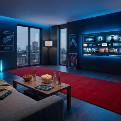 Fotorealistische Szene eines gemütlichen Heimkino-Abends mit mehreren Streaming-Oberflächen auf einem modernen Fernseher, Science-Fiction-Stimmung durch dezente futuristische Poster und blaues Umgebungslicht, Sofa, Fernbedienung, Snacks auf dem Tisch, natürliche Beleuchtung, realistische Texturen, modernes Wohnzimmer, kein Text im Bild